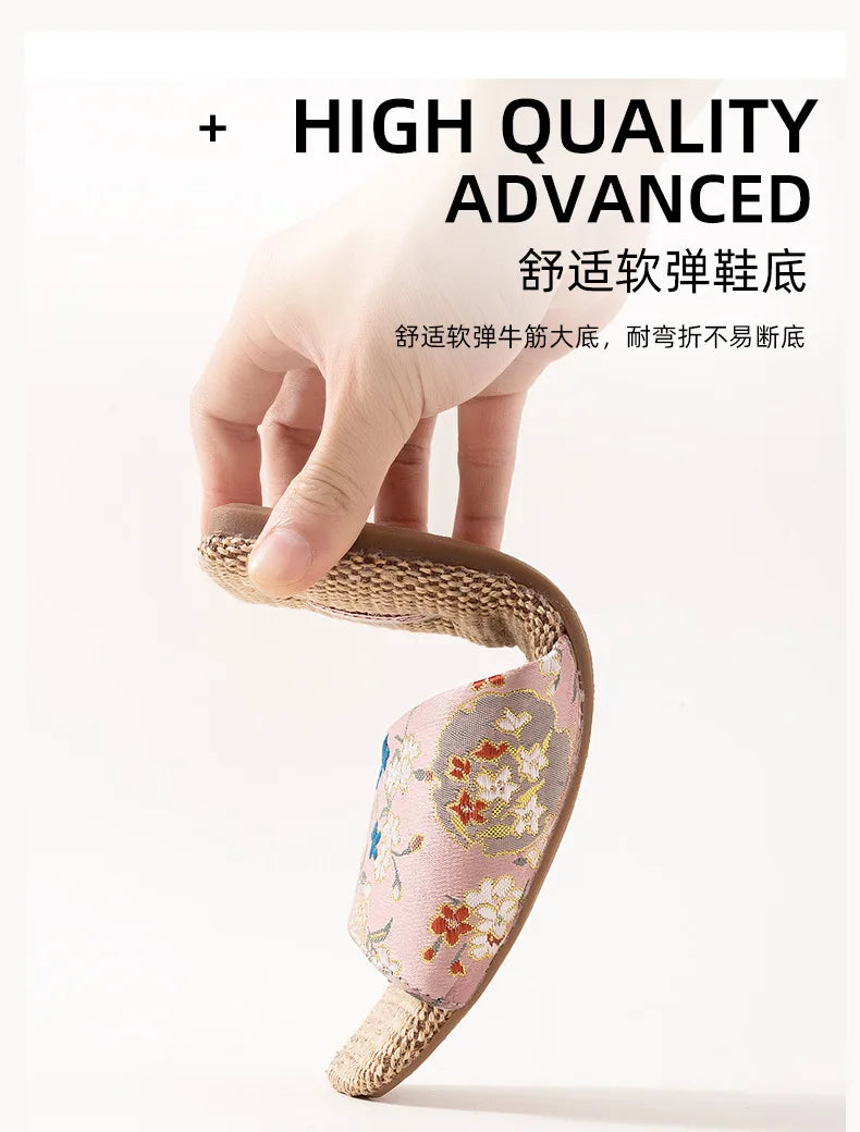 Breathable Indoor Linen Slippers For Women Men Home Floor Shoes Chinese Style Emrobidery Anti-slip Couples House Bedroom Slides