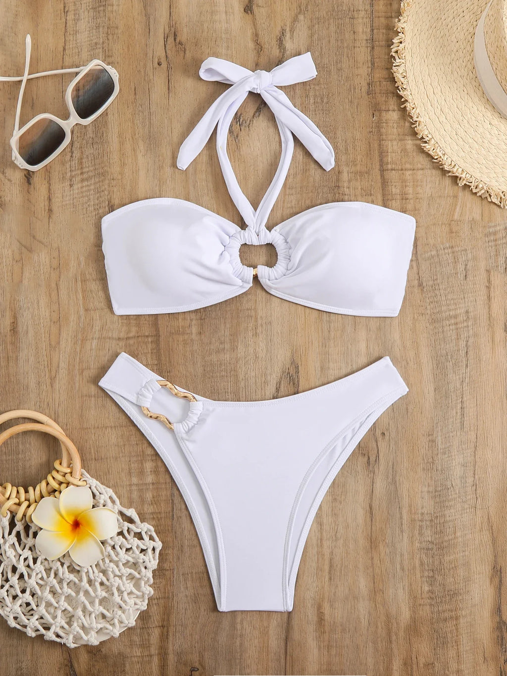 Halter Bikinis 2026 Women Bandeau Swimsuit Solid Sexy Ring Link Swimwear Female Bathers Bathing Swimming Swim Suit Beachwear