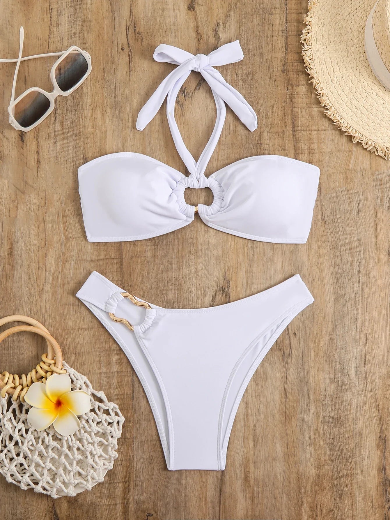 Halter Bikinis 2026 Women Bandeau Swimsuit Solid Sexy Ring Link Swimwear Female Bathers Bathing Swimming Swim Suit Beachwear