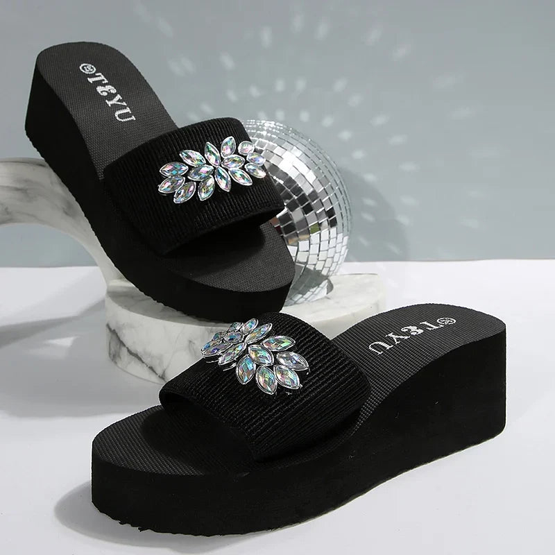 Rhinestone Decor Platform Slippers Women Summer Elastic Band Wedge Heels Sandals Woman Non Slip Lightweight Outdoor Slides 36-42