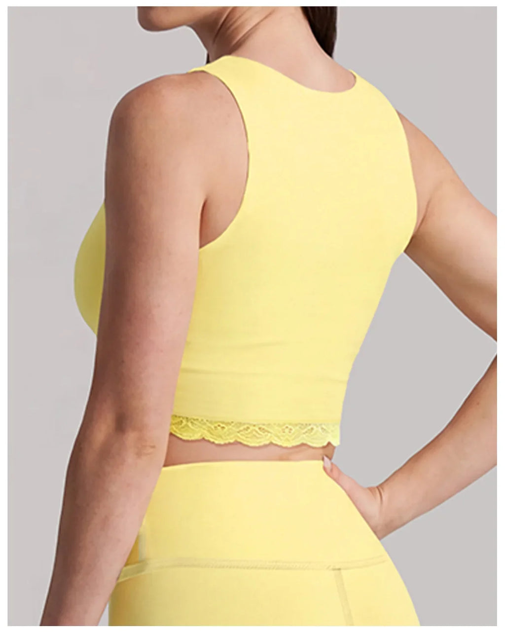 Sexy Fake Two-piece Yoga Tank Top Naked Feel Lace Trim V Neck High Stretch with Bra Pads Gym Running Fitness Dance Tank Top