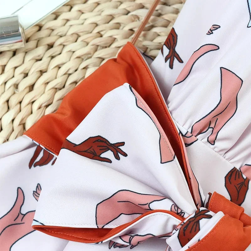 2026 New Sexy One Piece Swimsuit Swimwear Women Deep V-neck Backless Hands Print Large Bowknot High Waist Beachwear Bathing Suit