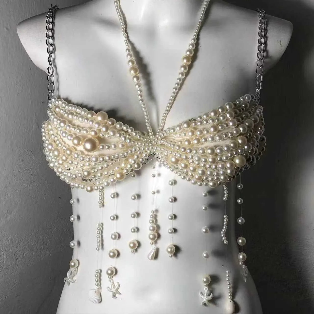 Sexy Women Chain Bras Tops Elegant Pearls Body Jewelry Tasseled Party Clubwear for Summer Vacation Beachwear