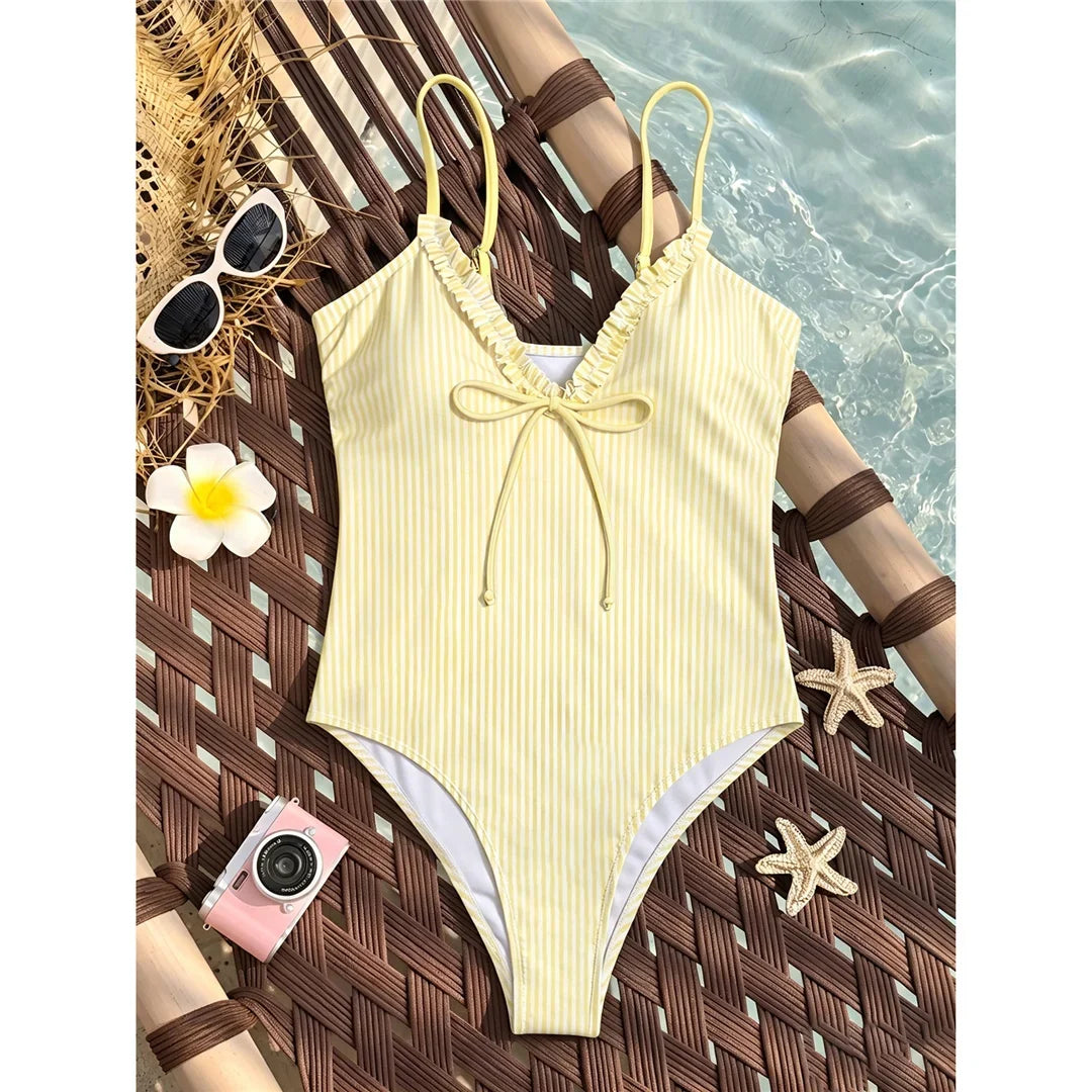 S - XL Striped Plaid V Neck Women Swimwear One Piece Swimsuit Female Frilled High Leg Cut Padded Bather Bathing Suit Swim V8288