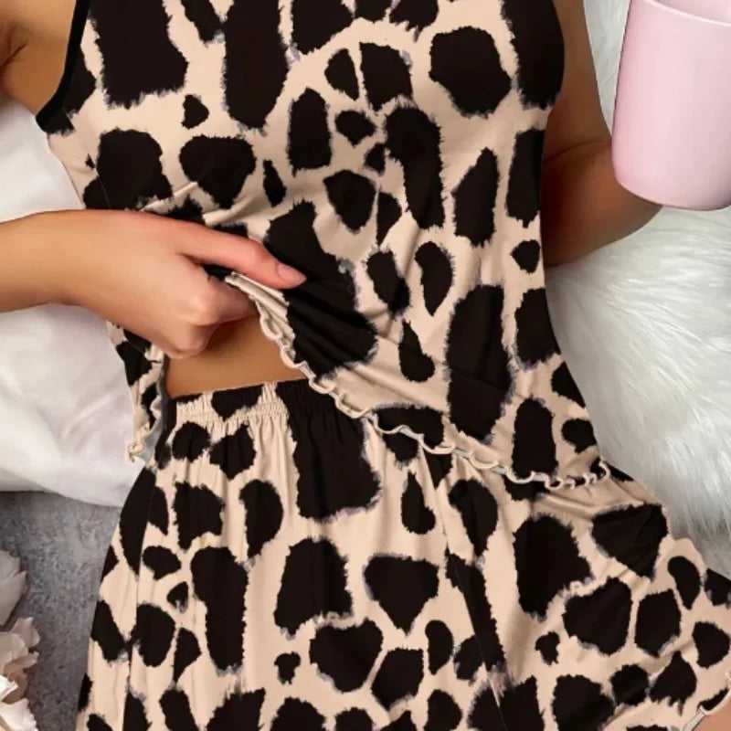 New Women's Leopard Print Printed Suspender Top and Elastic Waist Shorts Women's Sexy Casual Home Summer Pajama Set
