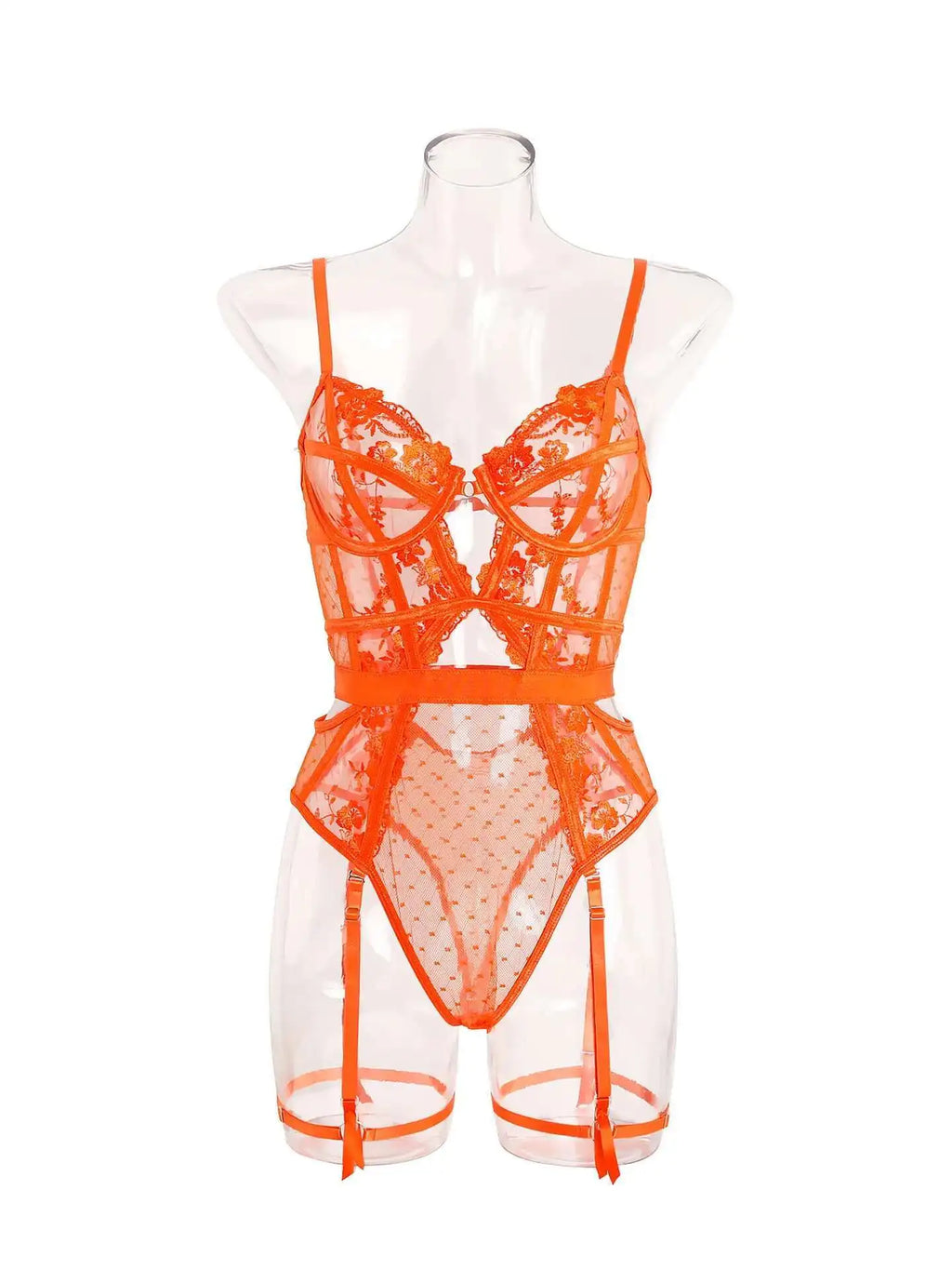 Sexy Transparent Solid Color Flower Print Lace Mesh Bodysuits Backless Deep V Suspenders Sleeveless Bodysuits Pure Desire QABP