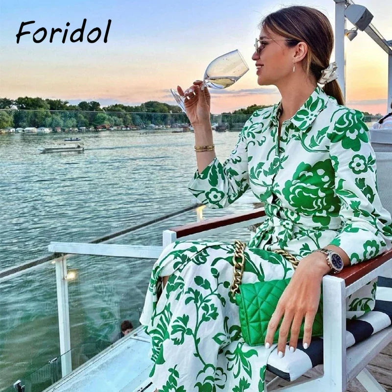 Foridol Casual Button Up Shirt Dress Maxi Long Women Dress Robe Floral Print Green Boho Autumn Winter Sash Laides Dress 2025