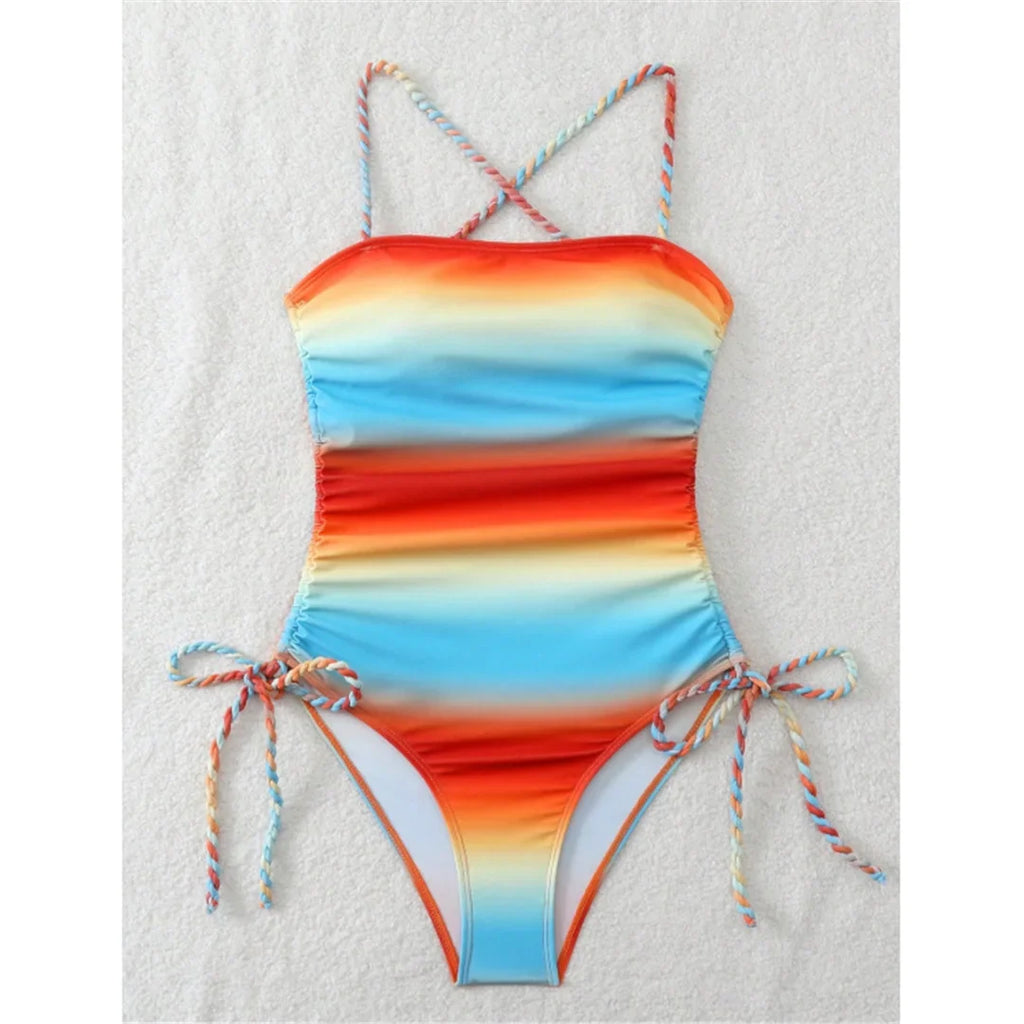 S - XL Gradient Knitted Cross Back Women Swimwear High Leg Cut Monokini Bather Bathing Suit Swim One Piece Swimsuit Female K8129