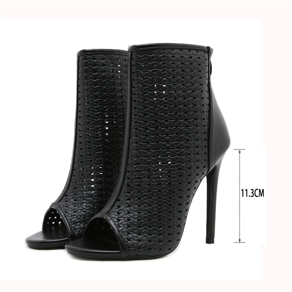 Big Size 42 Sexy Black Hollow Out Summer Boots Women Chic Peep Toe Thin High Heels Zip-up Ankle Boots Party Shoes