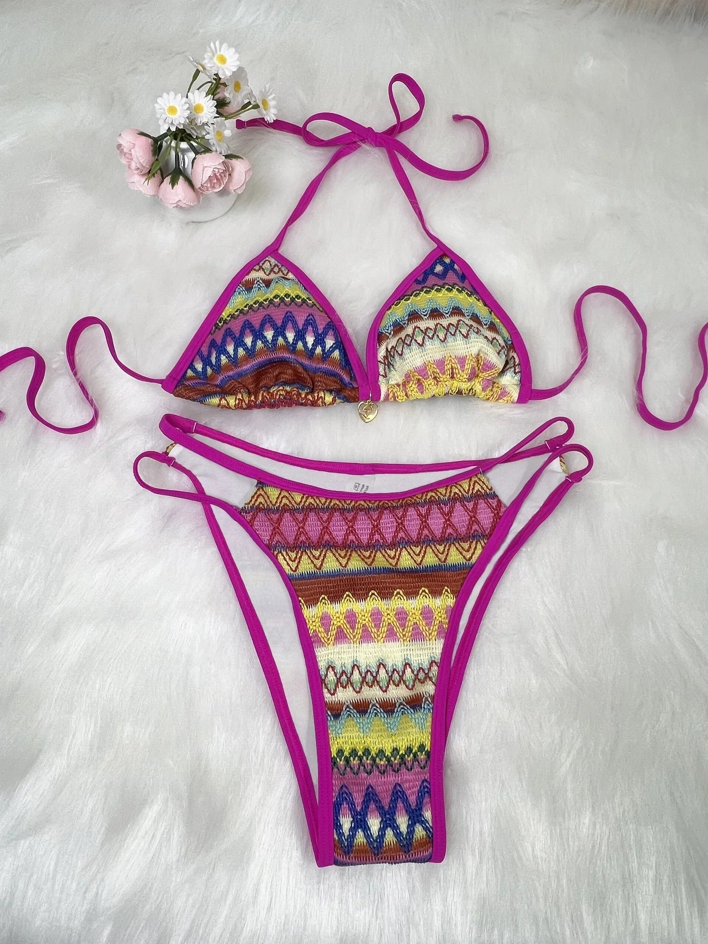 Retro Style 2026 Summer Women Knitted Swimsuit Sexy Backless Lace-up Swimwear Low Waist Femme Neck Bikini Set Beach Bathing Suit