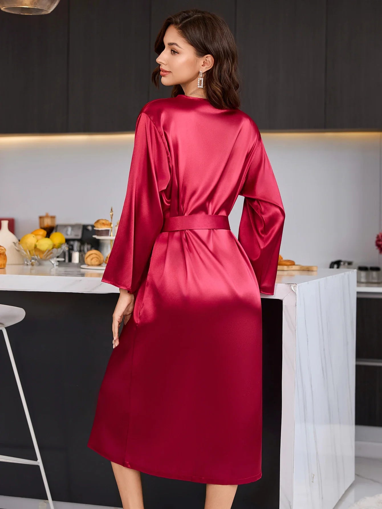 Women's Elegant Long Sleeve Robe V Neck Casual and comfortable bathrobe Solid Luxury Sleepwear For Home Relaxation