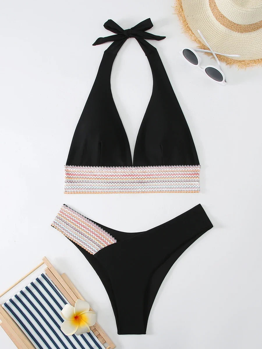 Halter Bikini 2025 Solid Bandage Swimsuit Women Padded High Cut Swimwear Female Bathers Bathing Swimming Swim Suit Beachwear