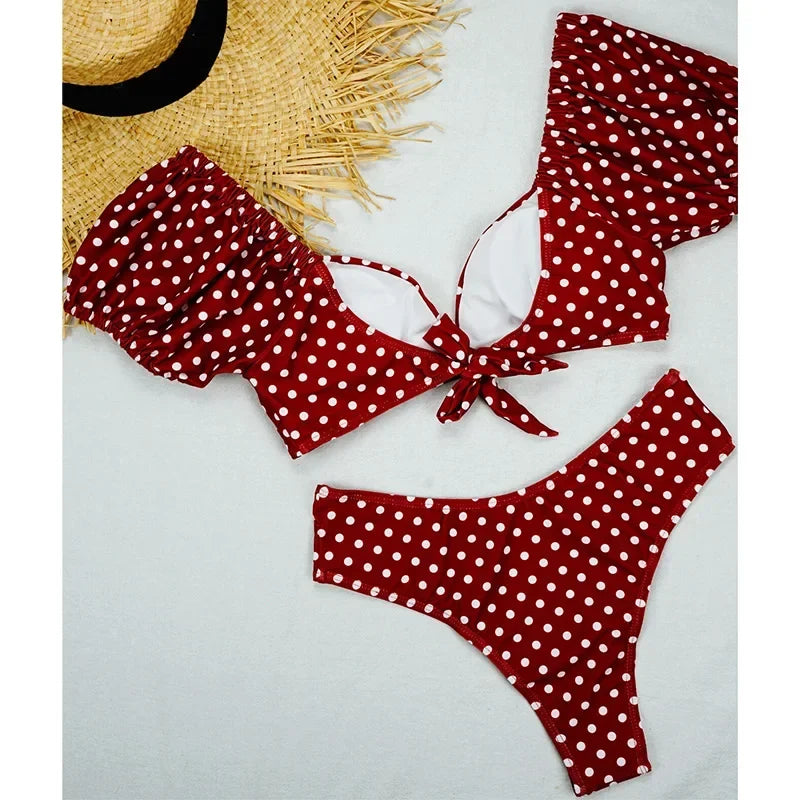 Sexy V Neck Short Sleeve Bikinis Polka Dot Bikini Female Swimsuit Women Swimwear Two-pieces Bikini Set Bather Bathing Suit Swim