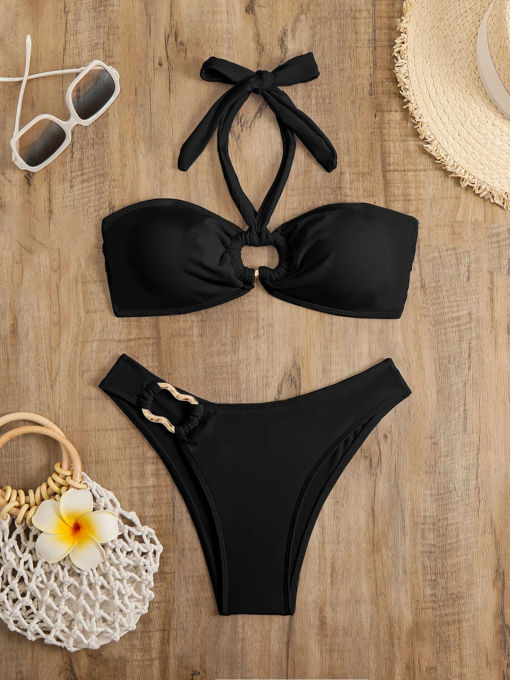 Halter Bikinis 2026 Women Bandeau Swimsuit Solid Sexy Ring Link Swimwear Female Bathers Bathing Swimming Swim Suit Beachwear