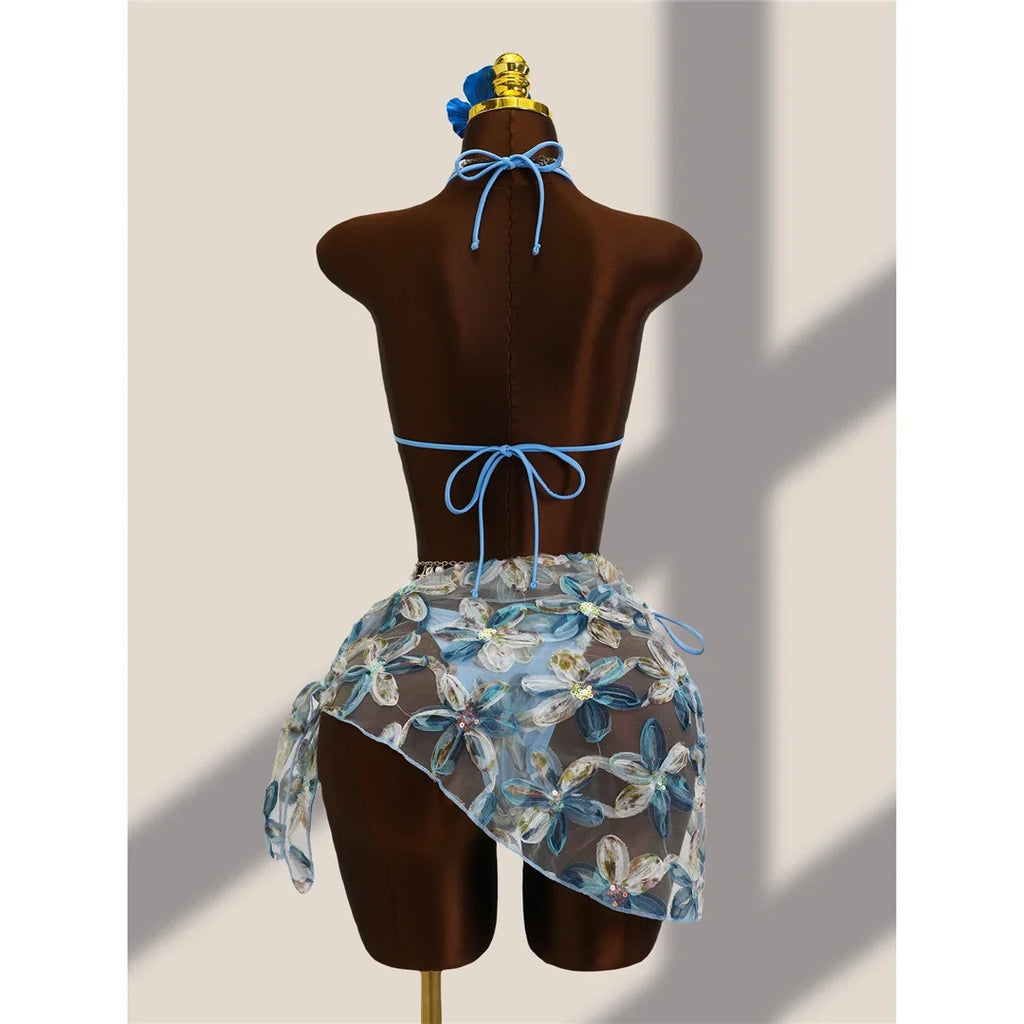 With Sarong Flower Printed Halter Bikini Female Swimsuit Women Swimwear Three-pieces Bikini set Bather Bathing Suit Swim V8321