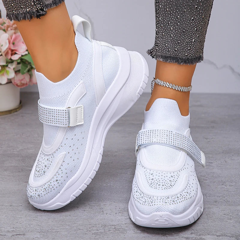 Shiny Crystal White Platform Sneakers Women Comfort Knitted Breathable Walking Shoes Woman Casual Non-Slip Sport Shoes Ladies