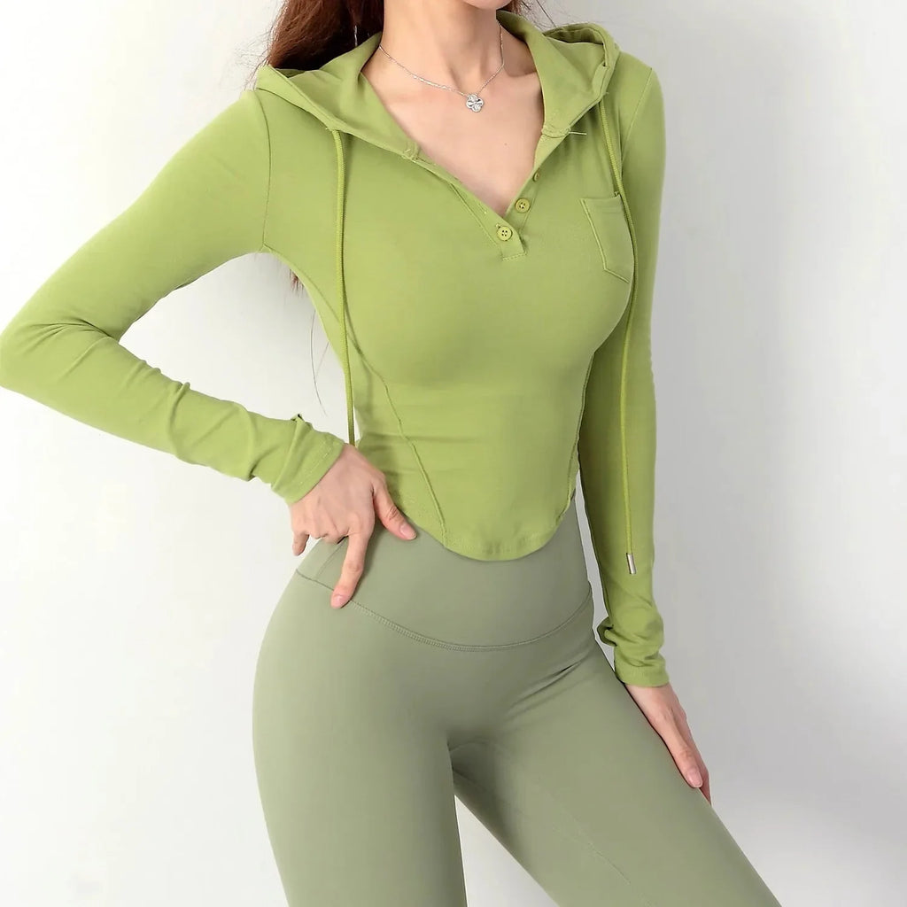 Women's Slim Fit Long Sleeve Hooded Yoga Sports Top Korean Casual Thread Sportswear Active Lifestyle Comfortable Gym Workout Top