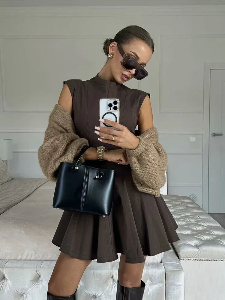 Foridol Stand Collar Sleeveless Pleated Tank Dress for Women Brown Casual Short Autumn Winter Dress Zip Black Ladies Vestidos