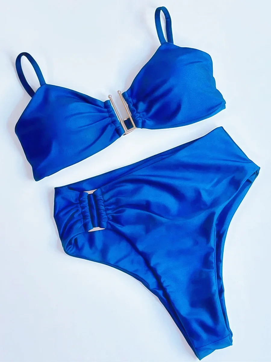 Shiny Sparkling U Shaped Female Swimsuit High Waist Bikini Women Swimwear Two-pieces Bikini Set Pool Bathing Suit Swim Beachwear
