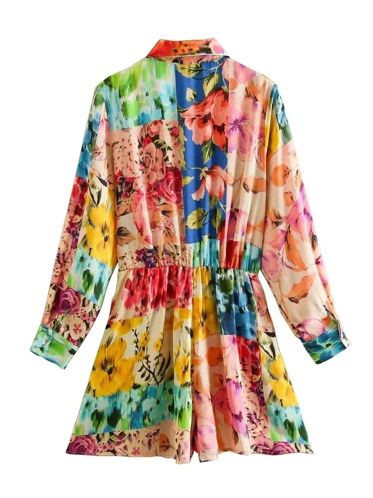 Foridol Floral Boho Tie Dyed Summer Long Sleeve Romper Playsuit Overall Beach Button Shirt Spring Wide Leg Romper Jumpsuit