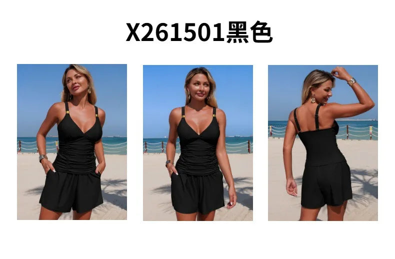 Green Black Pocket Short Two Piece Swimsuit Women V Neck Pleate Tank Top High Waist Tankini Set Beach Bathing Suit Swimwear 2026