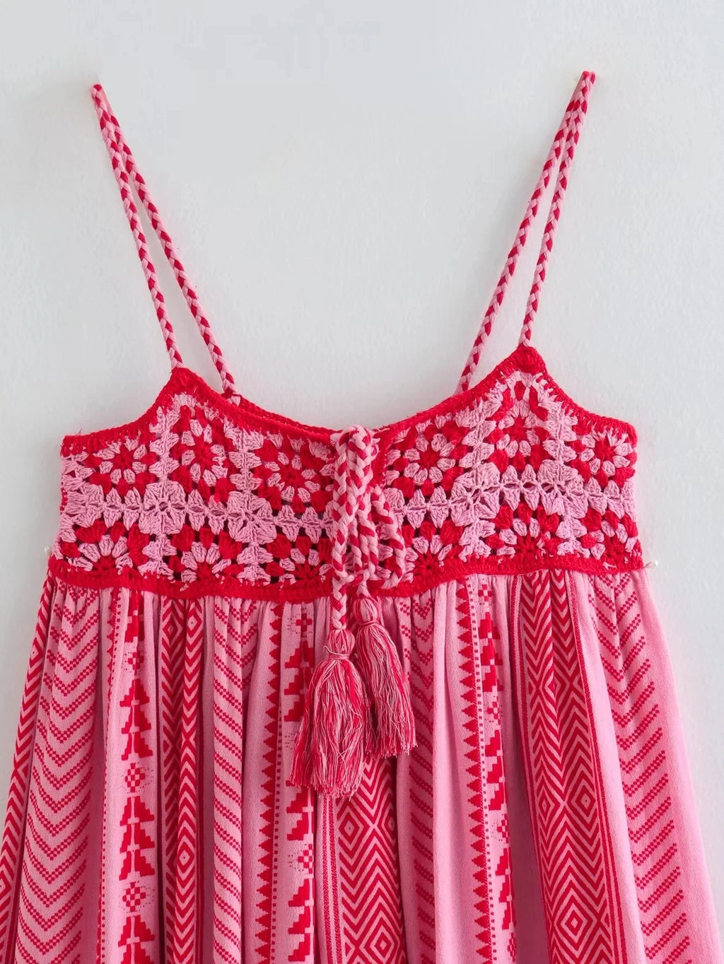 Foridol Crochet Bohemian Summer Dress for Women Spaghetti Strap Red Vintage Tassel Beach Dress Maxi Long Casual Sundress Autumn