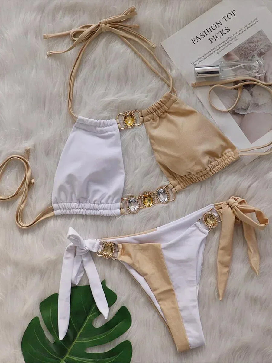 Splicing Halter Jewelled Diamond Bikini 2025 Women Swimsuit Female Swimwear Two Pieces Bikini Set Hollow Out Bathing Suit Swim