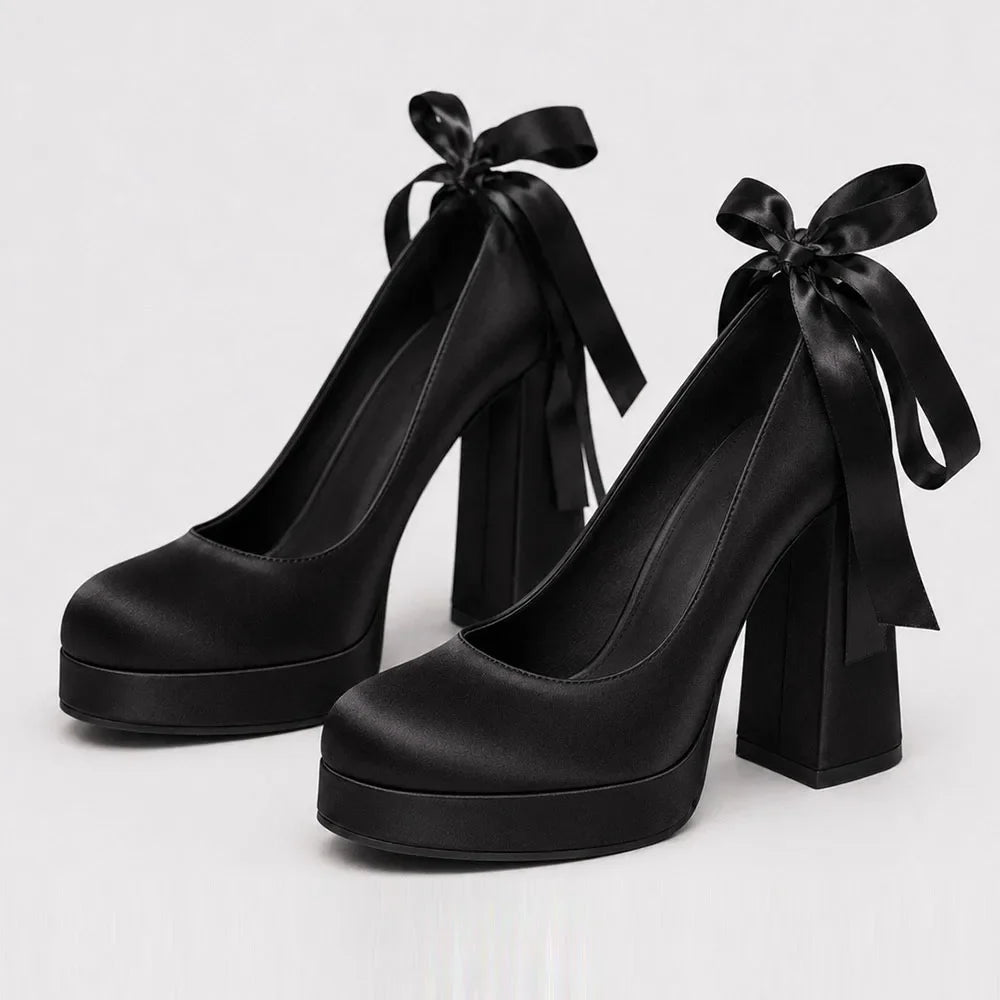 Size 42 Elegant Pink Satin Platform Block Heel Pumps Black Ribbon Wrap Ballerina Bow Wedding Party Dress Heels Shoes Women