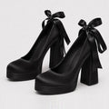Size 42 Elegant Pink Satin Platform Block Heel Pumps Black Ribbon Wrap Ballerina Bow Wedding Party Dress Heels Shoes Women