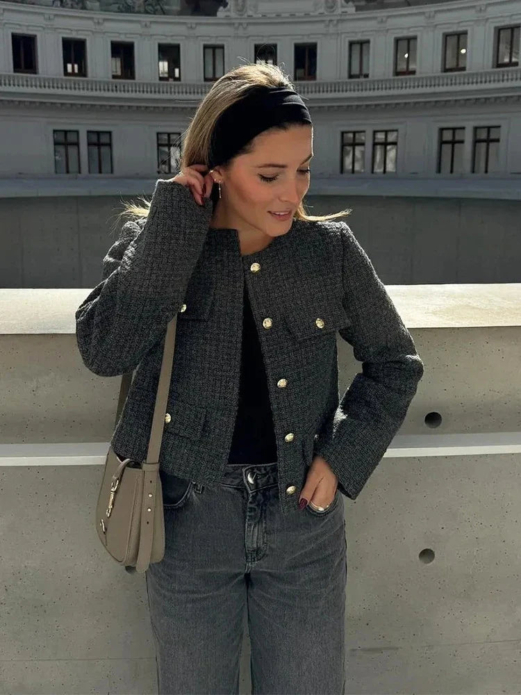 Foridol Tweed Knitted Dark Grey Blazer Coat Women Autumn Winter Gingham Short Coat Office Lady Vintage Buttons Veste
