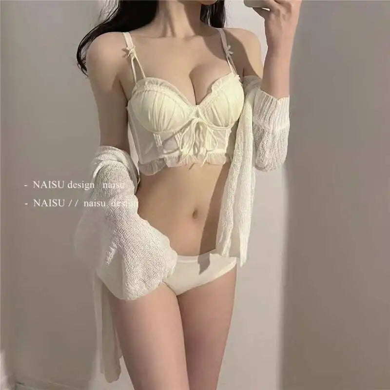 MOYISU Seasons Japanese Lace Bralette Sexy Tushy Panty Comfort Wirefree Minimizer Push Up Bra Set for Small Large Boobs Anti Sag