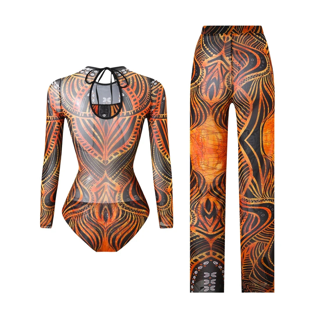 S - XXL New Printed Long Sleeve With Pants Women Swimwear One Piece Swimsuit Female Floral Padded Bather Bathing Suit Swim V7176