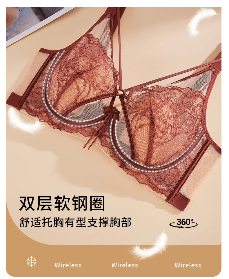Women's French Pure Desire Lace Lingerie Set - Rabbit Ear Cup Thin Push Up Bra Minimizer for Large Bust