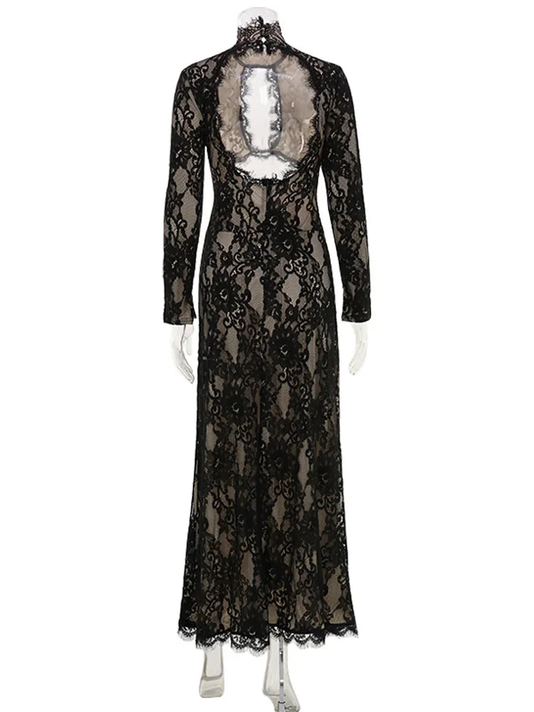 Summer Maxi Dress Women Sexy Sheer Lace Hollow Out Long Sleeve Floral Split Slim Bodycon Solid Casual Beach Party Club Vestidos
