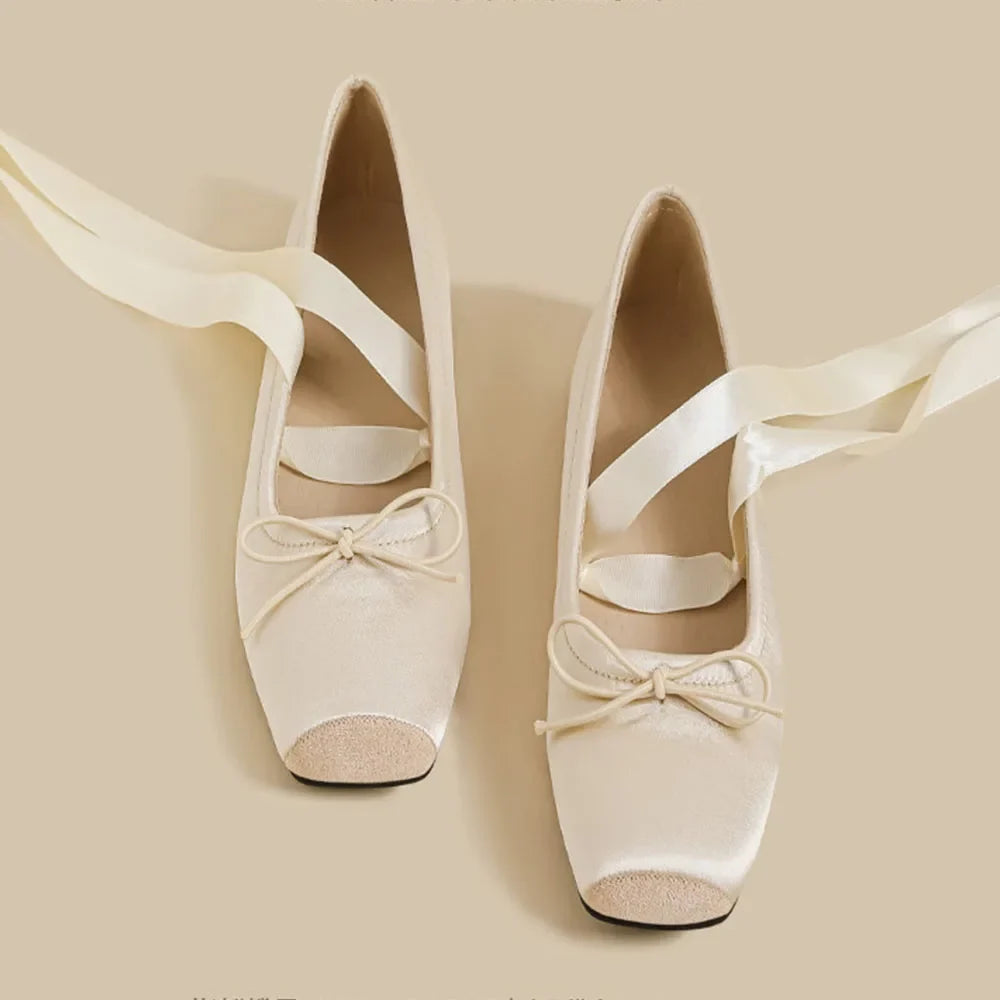 Balletcore Style Satin Lace-Up Flats for Women Black Ballerina Bow Detail Square Toe Ankle Wrap Ribbon Ballet Coquette Shoes