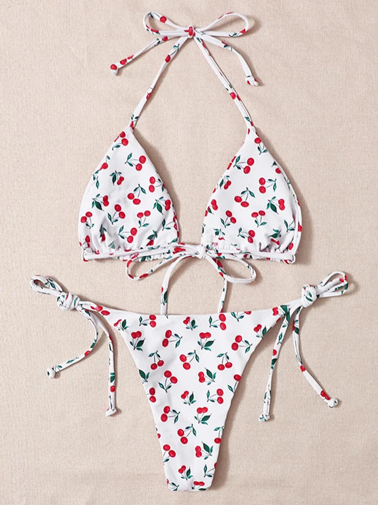 With Mesh Sarong Skirt Cherry Printed Bikini Female Swimsuit Women Swimwear Three Pieces Bikini Set Bathing Suit Swim Beachwear