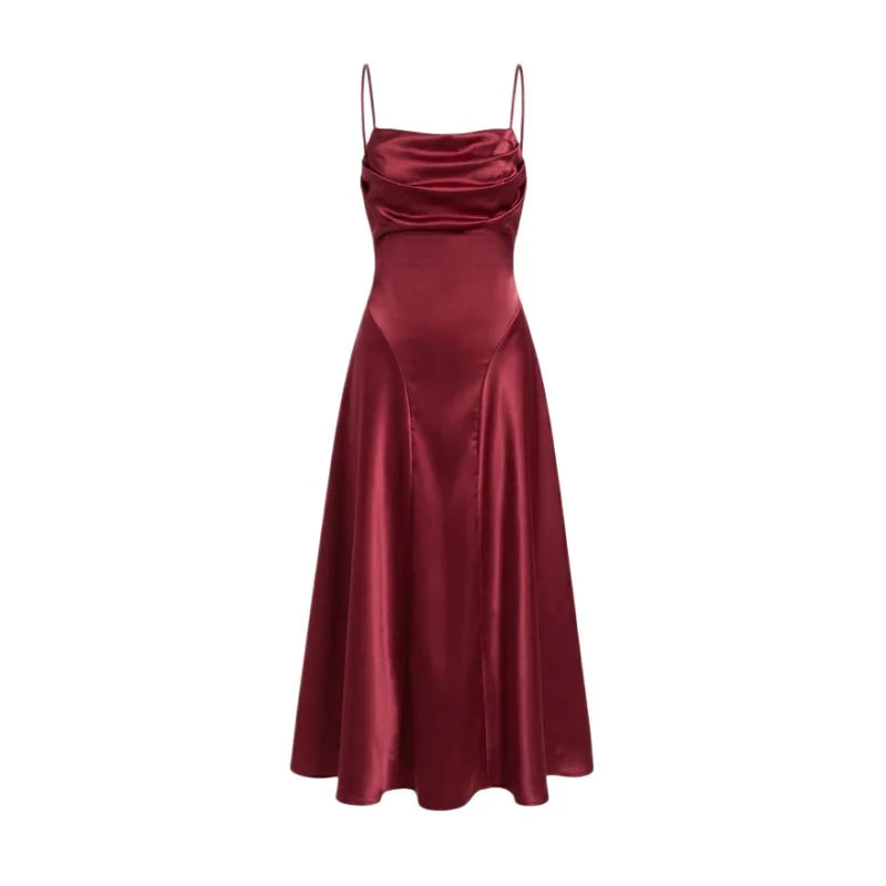 Australian Women's Back-cross-strap Hollow-out Camisole Dress With Chest Pleats Slim-fit Waist And Long Skirt Pure Desire ZJBL