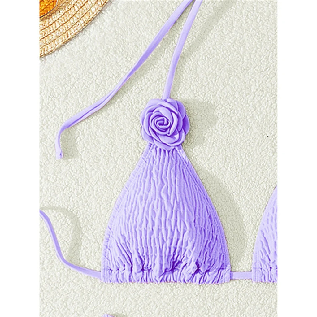 3D Flowers Halter Wrinkled Brazilian Bikini Women Swimwear Female Swimsuit Two-Pieces Bikini Set Bather Bathing Suit Swim V5559