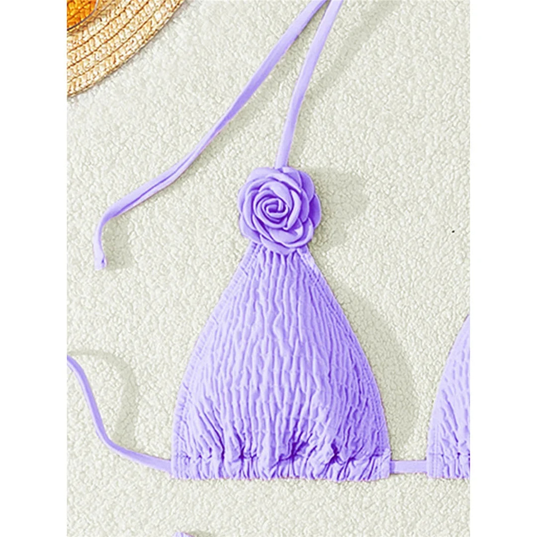 3D Flowers Halter Wrinkled Brazilian Bikini Women Swimwear Female Swimsuit Two-Pieces Bikini Set Bather Bathing Suit Swim V5559