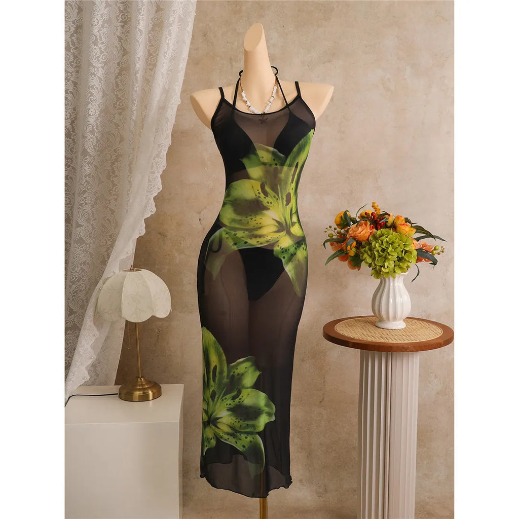With Floral Dress Printed Halter Bikini Female Swimsuit Women Swimwear Three-pieces Bikini set Bather Bathing Suit Swim V8204