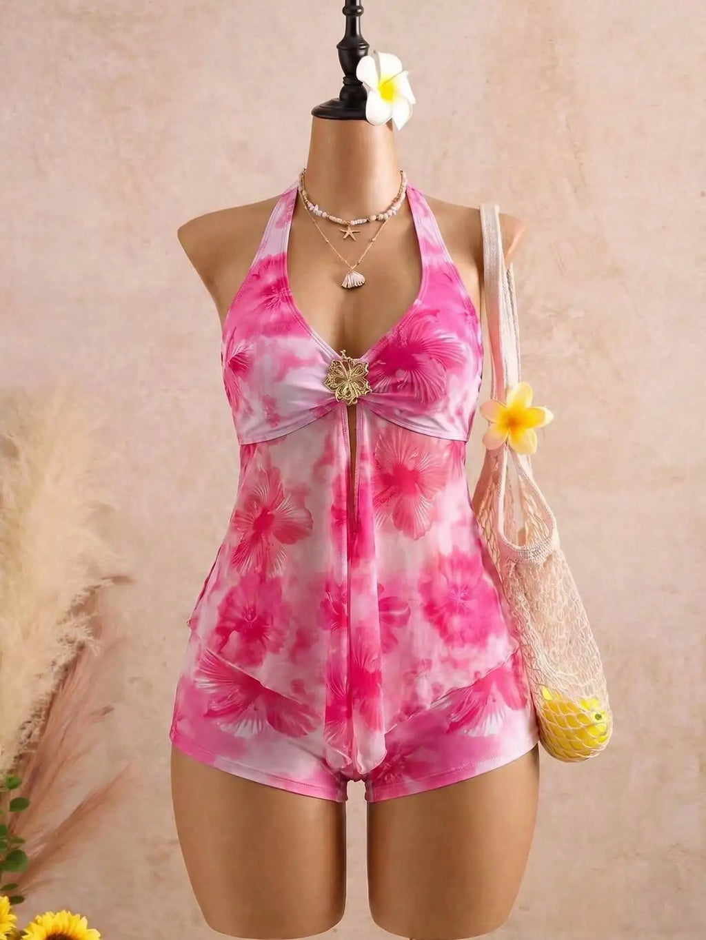 Sexy Beige Two Piece Bikini Set 2026 Women Metal Sun Ornament Mesh Tank Top High Waist Swimsuit Holiday Bathing Suit Swimwear