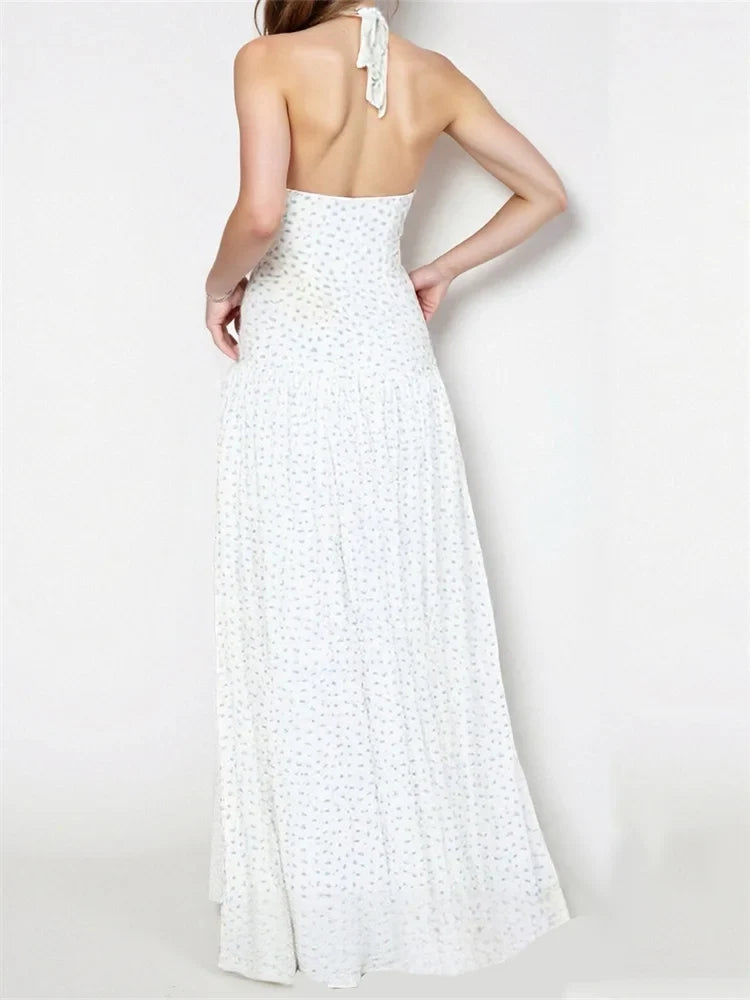 Women Sleeveless Long Dress Halterneck Backless Dots/Floral Slit Dress for Cocktail Party