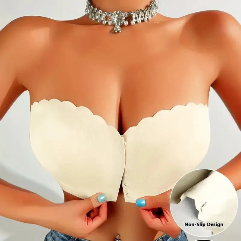Solid Seamless Strapless Front Closure Wireless Strapless Bra, Sexy Comfy Push Up Bra, Women's Lingerie & Underwear