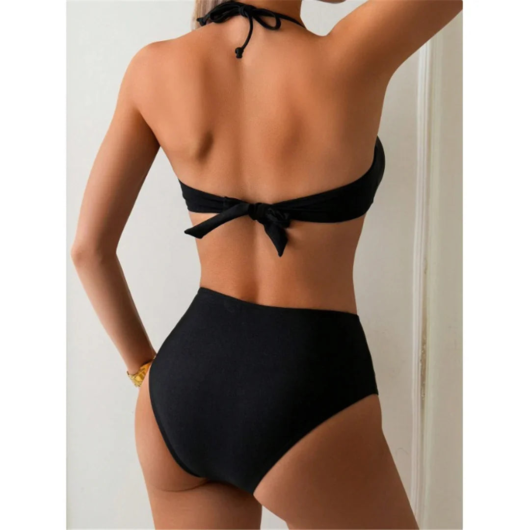 S - XL Metal Ring Halter Female Swimsuit High Waist Bikini Women Swimwear Two-Pieces Bikini Set Bather Bathing Suit Swim V6933