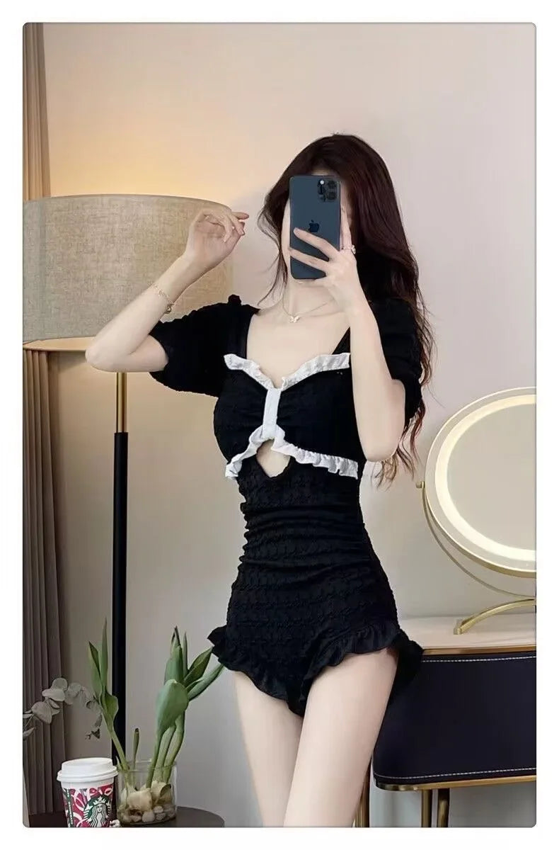 Hot Selling Swimsuit Women's New Black One-piece Cover Belly Slimming Skirt Style Flat Corner Hot Spring Conservative Swimsuit