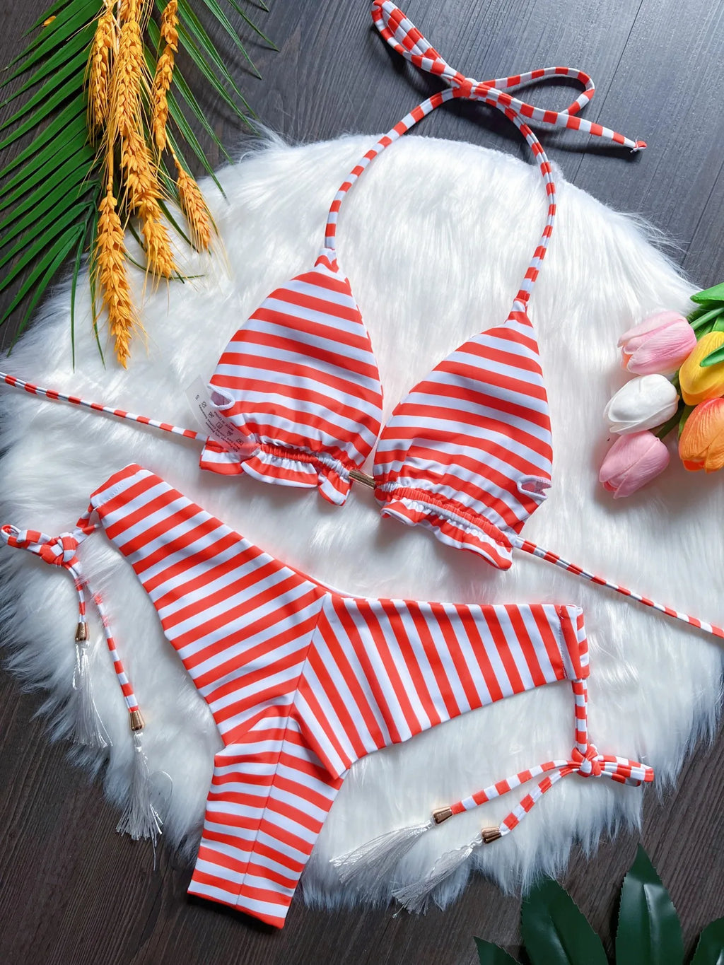 2026 New Women's Swimsuit Neck Hanging Bikini Set Split Beach Swimsuit 2-piece Set with Tassel Decoration