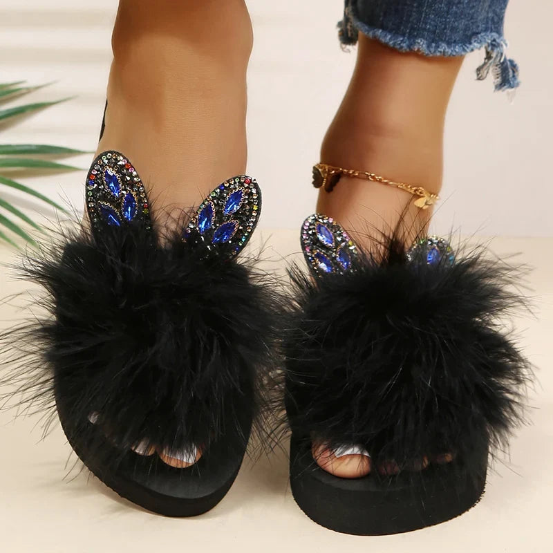 Faux Fur Wedges Slippers for Women Spring Autumn Fashion Crystal Detor Platform Slides Woman Slip On Open Toe Slippers Female