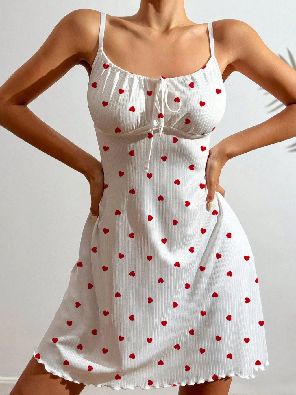 Women’s Heart Print Nightdress Sexy Spaghetti Strap Pajama Dress Sleeveless Lace-Up Cute Slim Fit Sleepwear