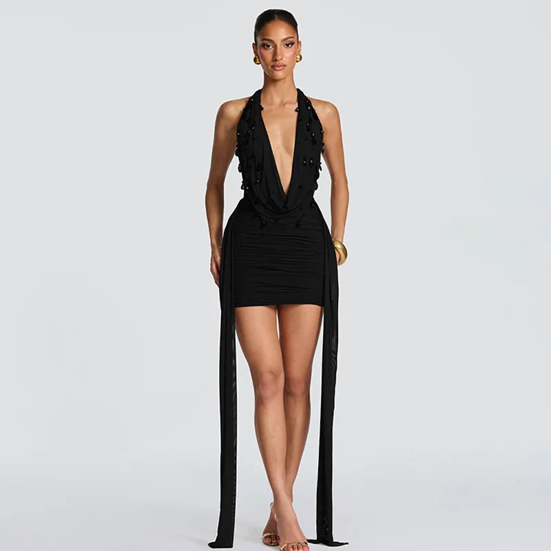 FDYOUI Elegant Halter Neck Water Drop Decoration Party Club Dress for Women 2026 Backless Bandage Folds Short Evening Dresses