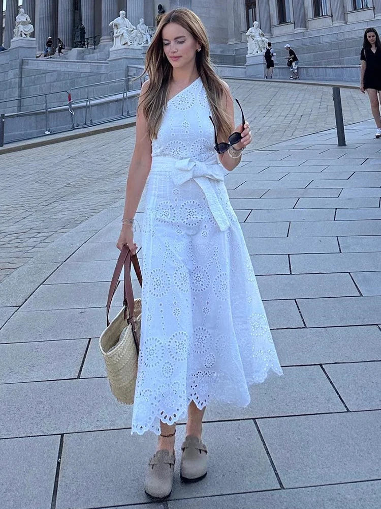 Foridol White One Shoulder Autumn Cotton Dress Women Winter Casual Dress Vestidos Maxi New Embroidery Boho Beach Dress Holiday